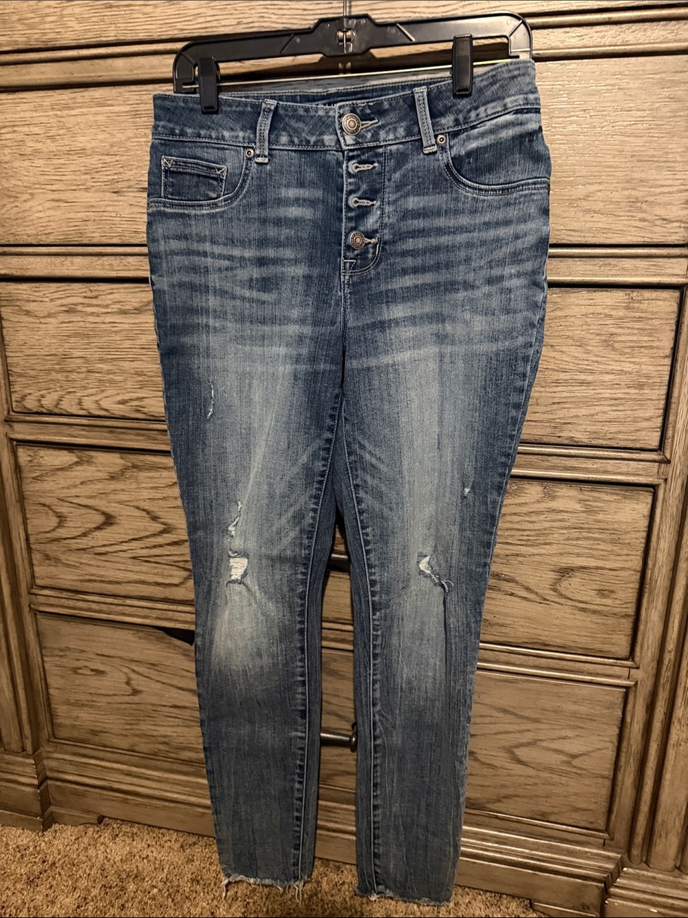 Maurices Medium Blue Button-Fly Skinny Jeans with Distressed Knees